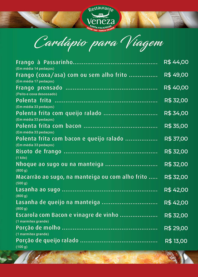 Cardápio para viagem do Restaurante Veneza