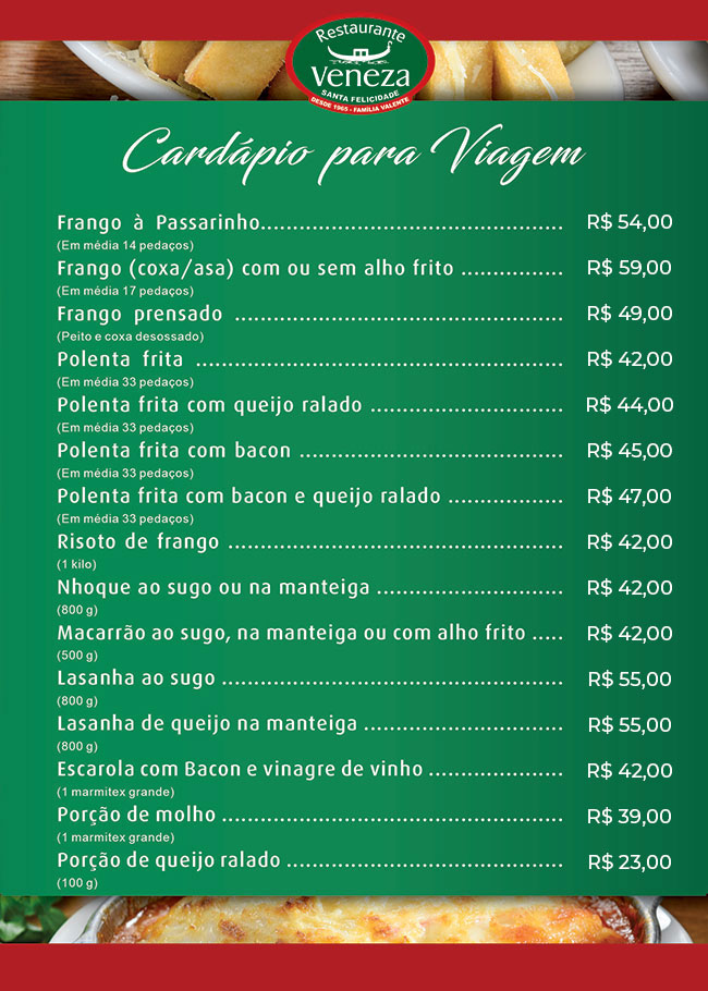 Cardápio para viagem do Restaurante Veneza